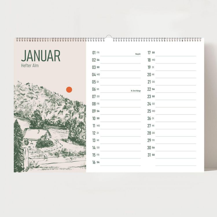 Produktbild: Alm Kalender 2027 &ndash; Chiemgauer Alpen | Handgezeichneter Wandkalender mit 12 Almen | Illustrativer Monatskalender, A4 quer