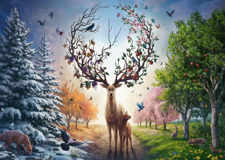 Produktbild: Erwachsenenpuzzle 1000 Teile - Der magische Hirsch und die vier Jahreszeiten