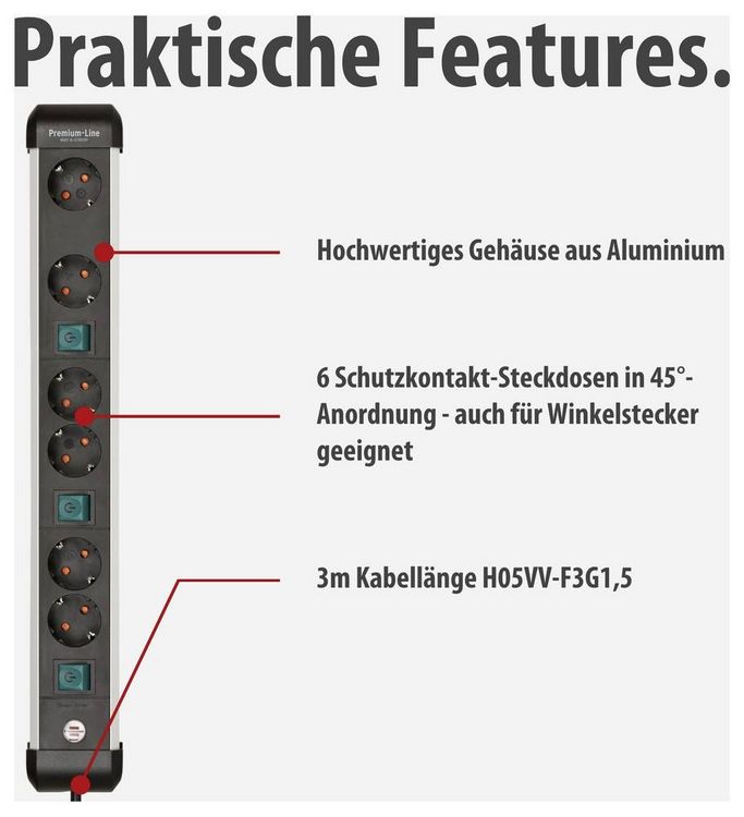Produktbild: Brennenstuhl 1391030601 Steckdosenleiste mit Schalter Silber-Schwarz Schutzkontakt 1 St.