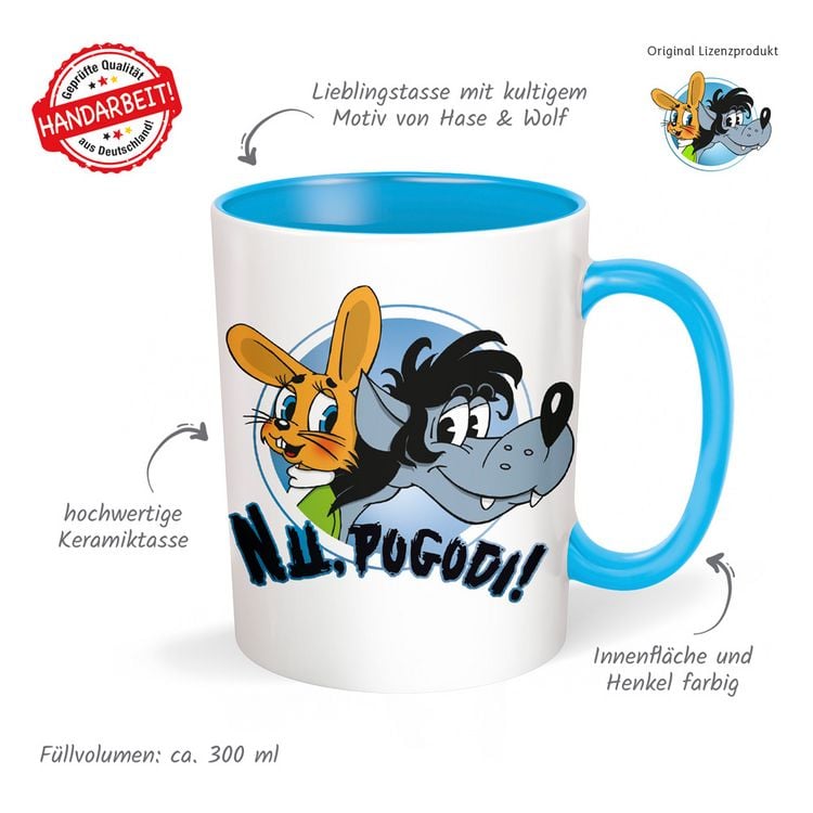 Produktbild: Tr&ouml;tsch Tasse Hase & Wolf Nu pogodi Nu pagadi Keramiktasse wei&szlig;/blau