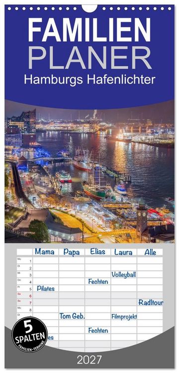 Produktbild: Familienplaner 2027 - Hamburgs Hafenlichter mit 5 Spalten (Wandkalender, 21 x 45 cm) CALVENDO
