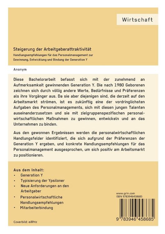 Produktbild: Steigerung der Arbeitgeberattraktivit&auml;t. Handlungsempfehlungen f&uuml;r das Personalmanagement zur Gewinnung, Entwicklung und Bindung der Generation Y