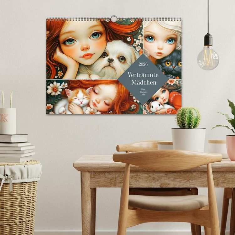 Produktbild: Vertr&auml;umte M&auml;dchen. Tiere, Blumen, Liebe. (Wandkalender 2026 DIN A3 quer), CALVENDO Monatskalender
