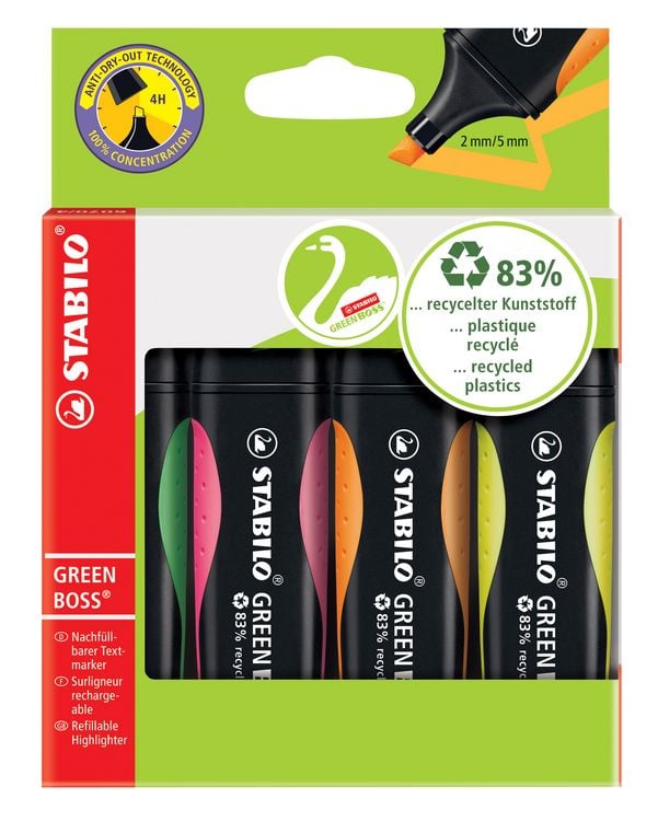 Produktbild: STABILO Umweltfreundlicher Textmarker -   GREEN BOSS - 4er Pack - gr&uuml;n, rosa, orange, gelb