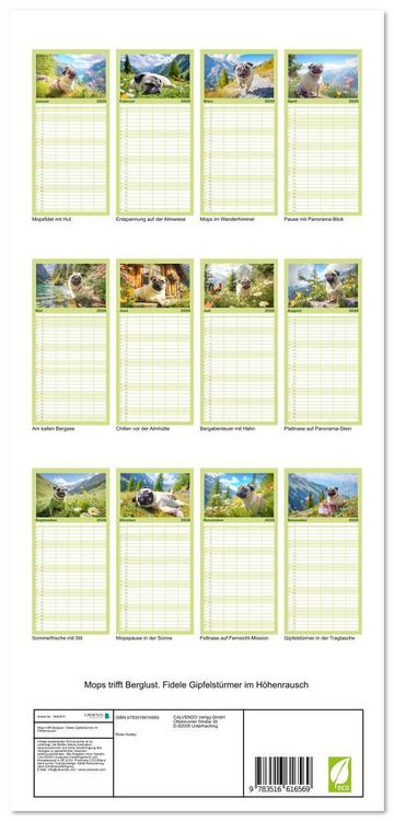Produktbild: Familienplaner 2026 - Mops trifft Berglust. Fidele Gipfelst&uuml;rmer im H&ouml;henrausch mit 5 Spalten (Wandkalender, 21 x 45 cm) CALVENDO