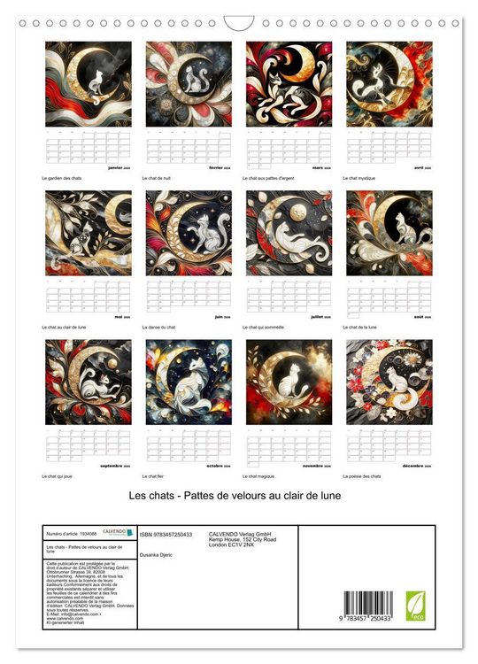 Produktbild: Les chats - Pattes de velours au clair de lune (Calendrier mural 2026 DIN A3 horizontal), CALVENDO calendrier mensuel