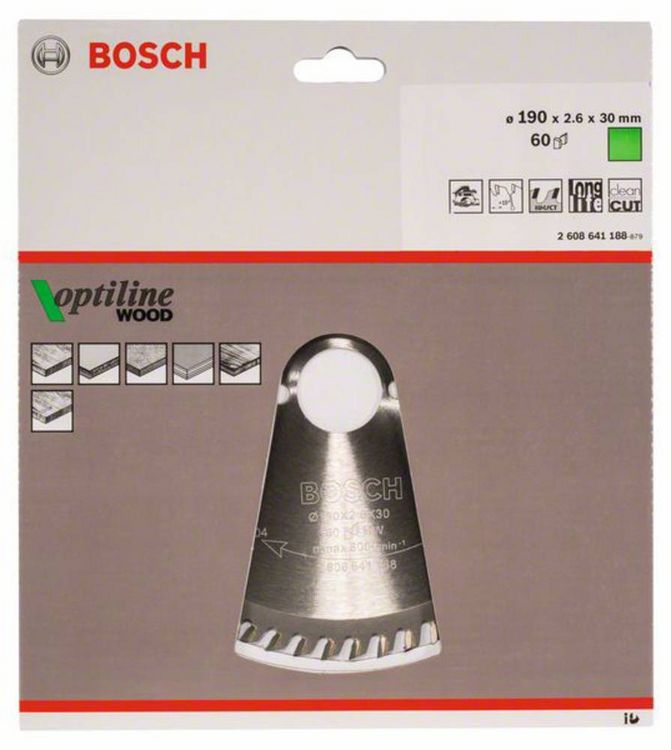 Produktbild: Bosch Accessories Optiline Wood 2608641188 Hartmetall Kreiss&auml;geblatt 190 x 30 x 2.6 mm Z&auml;hneanzahl: 60 1 St.