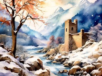 Produktbild: CALVENDO Puzzle Schnee f&auml;llt auf den Gebirgsbach und die Burgruine. | 1000 Teile Lege-Gr&ouml;&szlig;e 64x48cm Foto-Puzzle f&uuml;r gl&uuml;ckliche Stunden