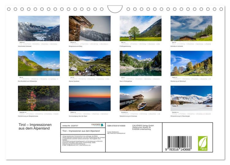Produktbild: Tirol &ndash; Impressionen aus dem Alpenland (Wandkalender 2026 DIN A4 quer), CALVENDO Monatskalender