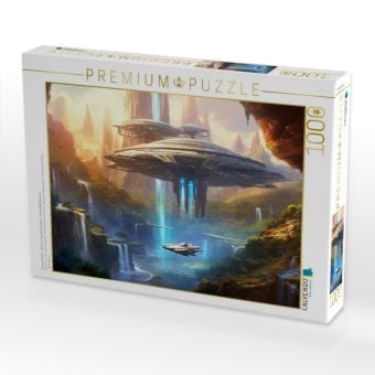 Produktbild: CALVENDO Puzzle Science Fiction - Reise zu fremden Planeten - Wasserfall Besucher | 1000 Teile Lege-Gr&ouml;&szlig;e 64x48cm Foto-Puzzle f&uuml;r gl&uuml;ckliche Stunden
