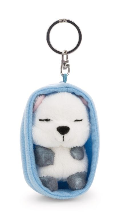 Produktbild: NICI - Schl&uuml;sselanh&auml;nger Sleeping Pets Schneefuchs 8cm K&ouml;rbchen hellblau an Header Karte