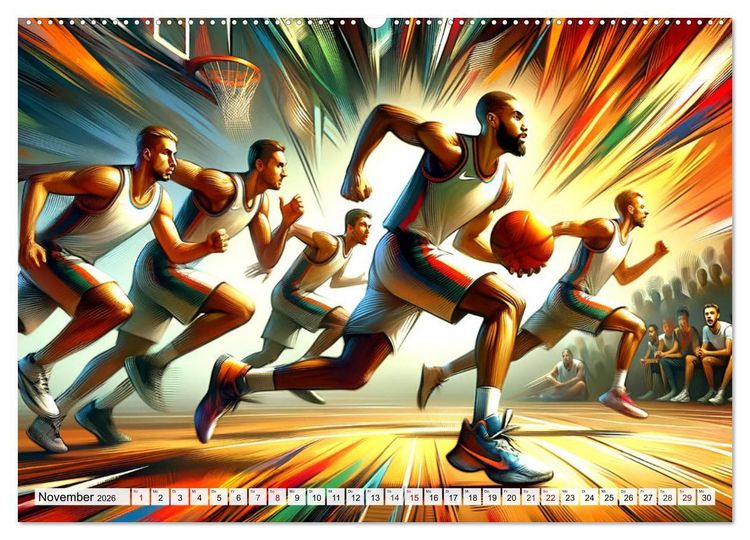 Produktbild: Basketball Expressionismus - Kunstvolle KI Interpretationen des Courts (Wandkalender 2026 DIN A2 quer), CALVENDO Monatskalender