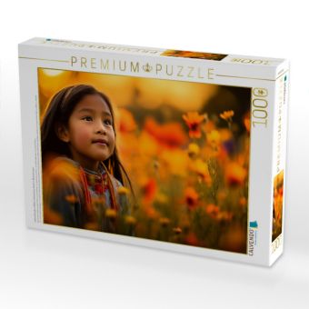 Produktbild: CALVENDO Puzzle Lebensfreude in Bl&uuml;te: Indianisches Kind im Blumenmeer | 1000 Teile Lege-Gr&ouml;&szlig;e 64x48cm Foto-Puzzle f&uuml;r gl&uuml;ckliche Stunden