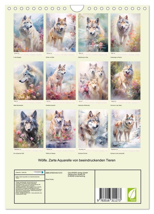 Produktbild: W&ouml;lfe. Zarte Aquarelle von beeindruckenden Tieren (Wandkalender 2026 DIN A4 hoch), CALVENDO Monatskalender