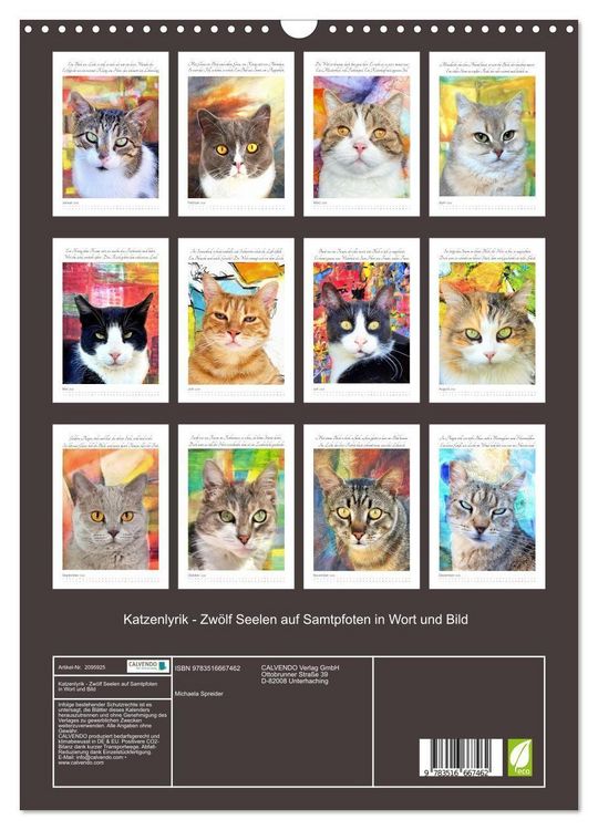 Produktbild: Katzenlyrik - Zw&ouml;lf Seelen auf Samtpfoten in Wort und Bild (Wandkalender 2026 DIN A3 hoch), CALVENDO Monatskalender
