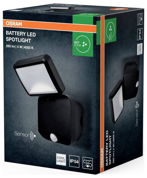 Produktbild: OSRAM HOMELIGHTING Battery LED Spotlight Sensor 4W 4000K IP54 Black 4099854497490 Au&szlig;enstrahler