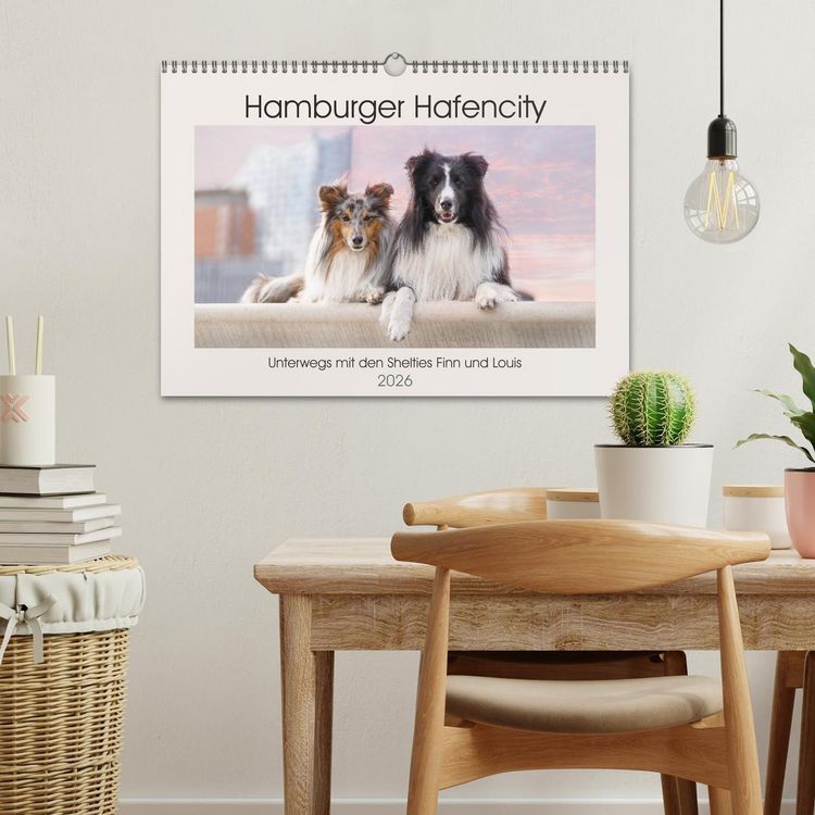 Produktbild: Hamburger Hafencity - Unterwegs mit den Shelties Finn und Louis (Wandkalender 2026 DIN A3 quer), CALVENDO Monatskalender