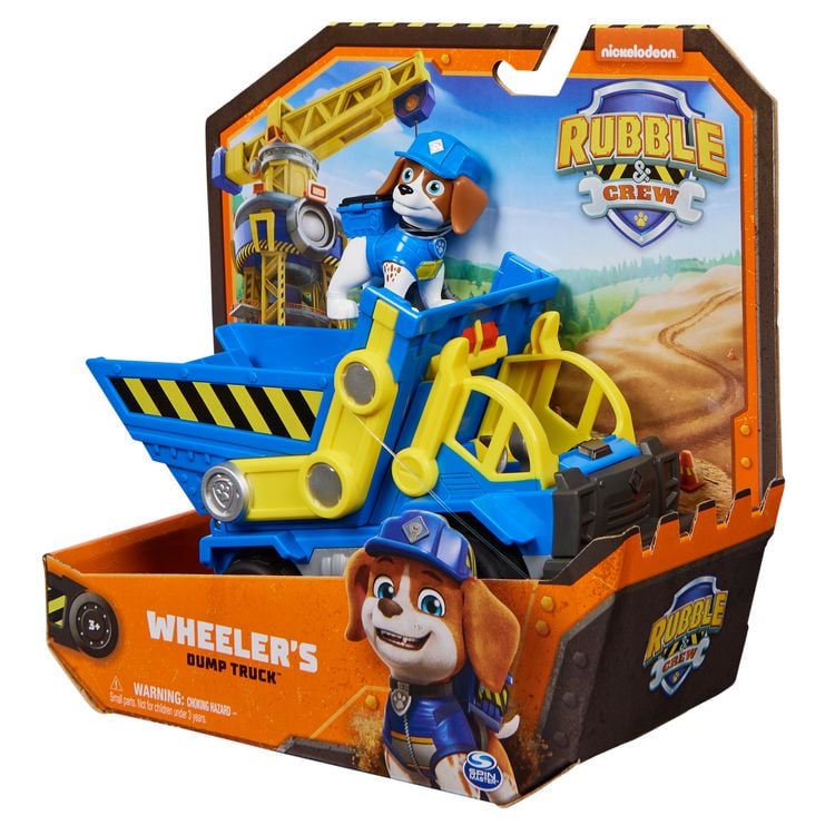Produktbild: Rubble und Crew - Kipplaster-Baufahrzeug mit Wheeler-Figur, bewegliche Walze & Kippbr&uuml;cke, TV-Serie Spielzeug, f&uuml;r Kinder ab 3 Jahren