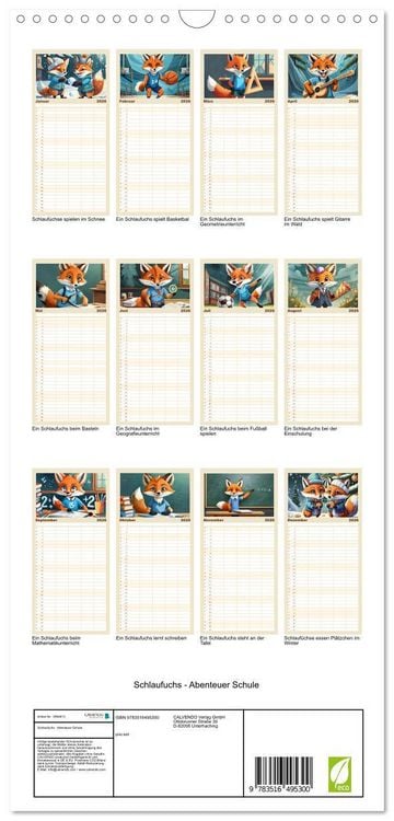 Produktbild: Familienplaner 2026 - Schlaufuchs - Abenteuer Schule mit 5 Spalten (Wandkalender, 21 x 45 cm) CALVENDO