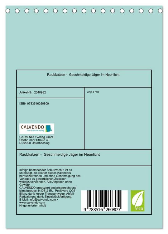 Produktbild: Raubkatzen - Geschmeidige J&auml;ger im Neonlicht (Tischkalender 2026 DIN A5 hoch), CALVENDO Monatskalender