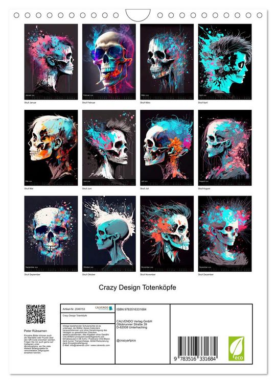 Produktbild: Crazy Design Totenk&ouml;pfe (Wandkalender 2026 DIN A4 hoch), CALVENDO Monatskalender