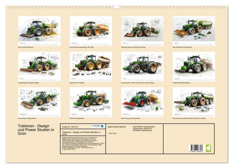 Produktbild: Traktoren - Design und Power Studien in Gr&uuml;n (Wandkalender 2026 DIN A2 quer), CALVENDO Monatskalender