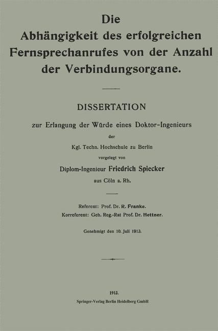 Produktbild: Die Abh&auml;ngigkeit des erfolgreichen Fernsprechanrufes von der Anzahl der Verbindungsorgane
