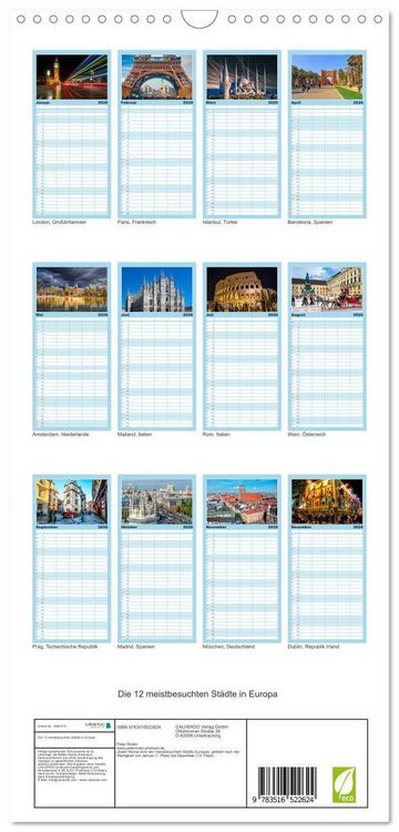 Produktbild: Familienplaner 2026 - Die 12 meistbesuchten St&auml;dte in Europa mit 5 Spalten (Wandkalender, 21 x 45 cm) CALVENDO