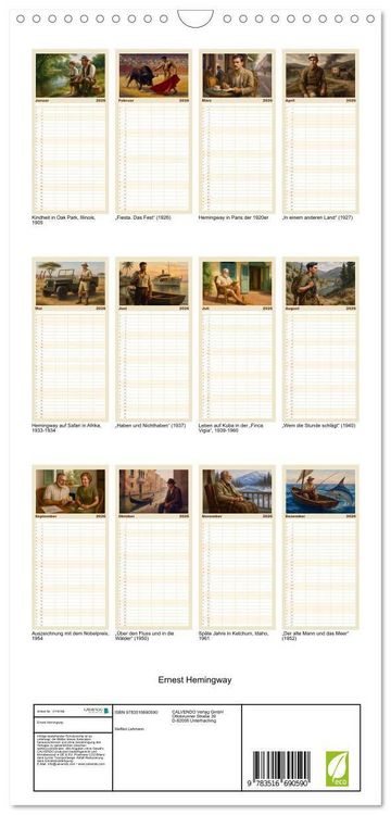 Produktbild: Familienplaner 2026 - Ernest Hemingway mit 5 Spalten (Wandkalender, 21 x 45 cm) CALVENDO