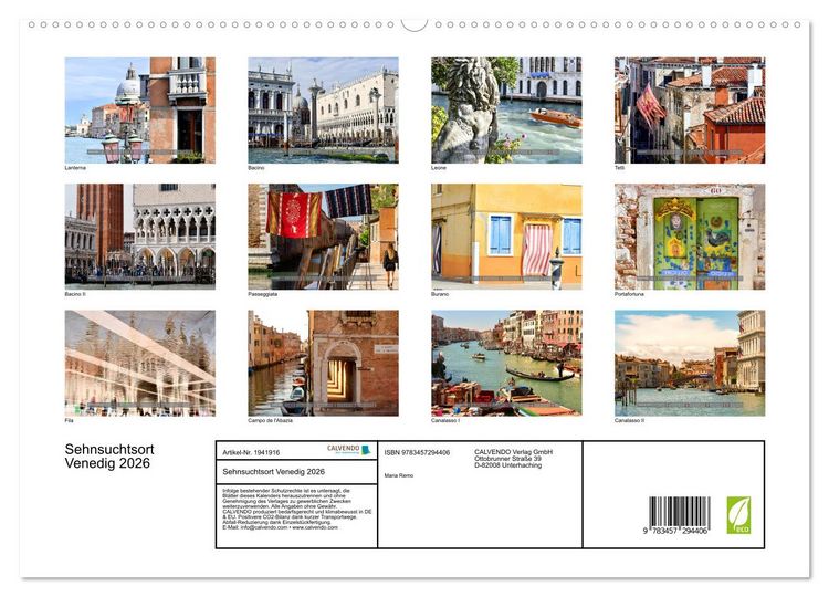 Produktbild: Sehnsuchtsort Venedig 2026 (hochwertiger Premium Wandkalender 2026 DIN A2 quer), Kunstdruck in Hochglanz