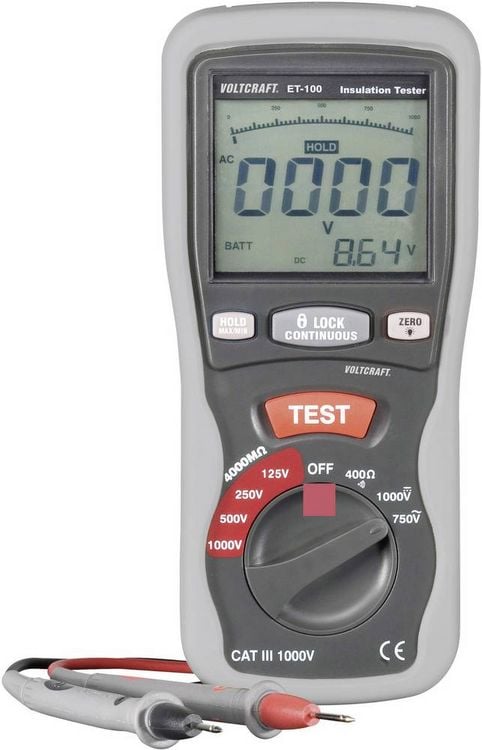 Produktbild: VOLTCRAFT ET-100 Isolationsmessger&auml;t 125 V, 250 V, 500 V, 1000V 400 MΩ