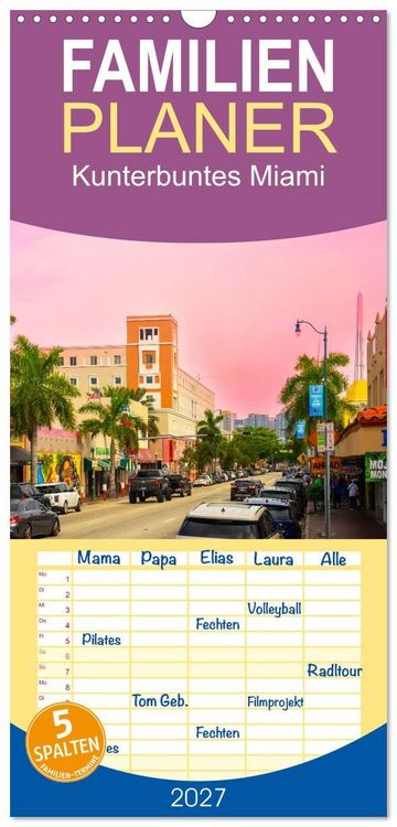 Produktbild: Familienplaner 2027 - Kunterbuntes Miami mit 5 Spalten (Wandkalender, 21 x 45 cm) CALVENDO
