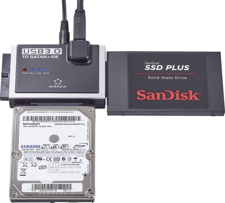 Produktbild: Renkforce Festplatten Adapter [1x USB 3.2 Gen 1 Stecker A (USB 3.0) - 1x IDE-Buchse 40pol., IDE-Buchse 44pol., SATA-Kombi-Stecker 7+15pol.] 1.20 m
