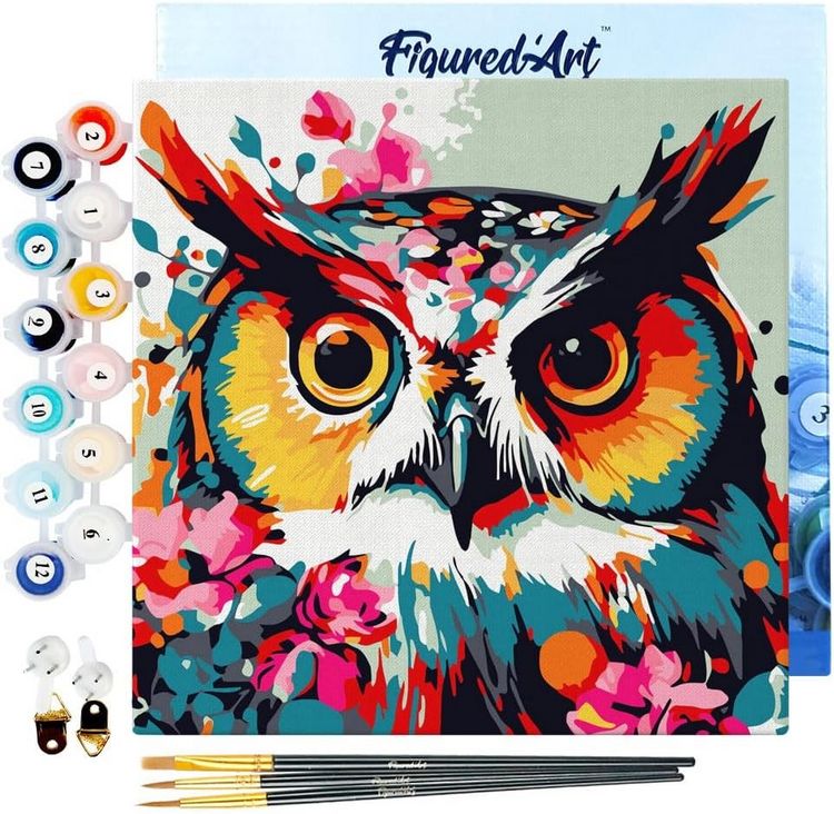 Produktbild: FiguredArt SFA112-Y - Mini Malen nach Zahlen, Fantasie Eule mit Blumen, Leinwand-Keilrahmen 20x20cm, DIY Bastelset, Paint by Numbers