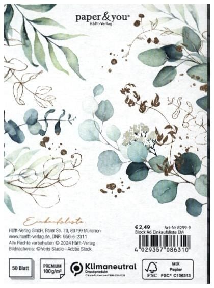 Produktbild: paper&you Block A6 Einkaufsliste [Blattgold] EM