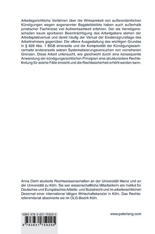 Produktbild: Die au&szlig;erordentliche K&uuml;ndigung von Arbeitsverh&auml;ltnissen bei geringwertigen Verm&ouml;gensdelikten