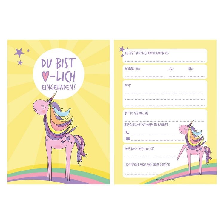 Produktbild: 12 Einladungskarten Geburtstag Einhorn (Handgemachte Einladungskarten Kindergeburtstag inkl. 12 liebevollen Hand designten Briefumschl&auml;gen)
