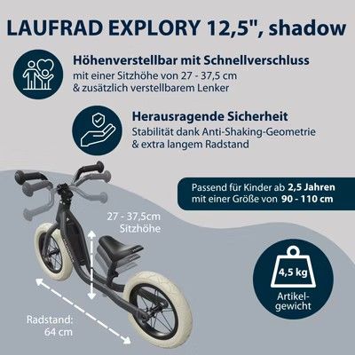 Produktbild: HUDORA 10937 - Laufrad Explory 12 cyan midnight, f&uuml;r Kinder von 90-110 cm, Sitzh&ouml;he: 27-37,5 cm
