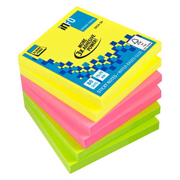 Produktbild: inFO PowerNotes Brillantmix 3 Bl&ouml;cke a 80 Blatt pink gr&uuml;n gelb 6x75x75mm