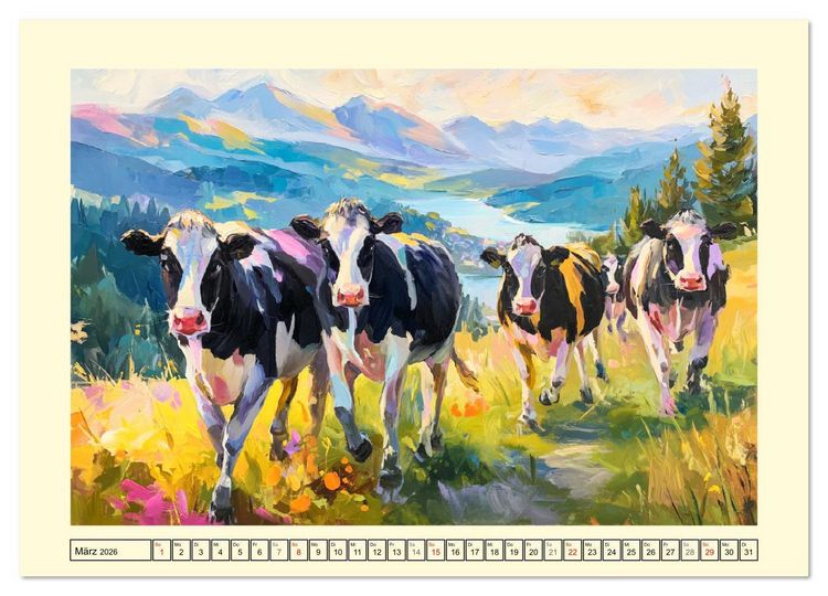 Produktbild: Almseelen im Licht der Berge. Charmante K&uuml;he in kunstvoller &Ouml;loptik (Wandkalender 2026 DIN A3 quer), CALVENDO Monatskalender