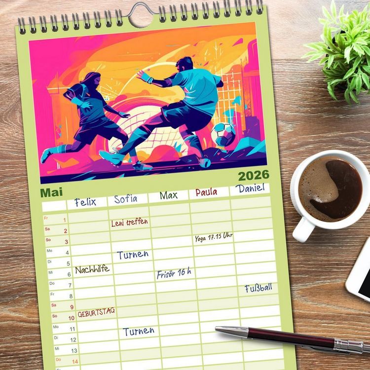 Produktbild: Familienplaner 2026 - Magie des Fussballs - Illustrierte Emotionen auf dem Rasen mit 5 Spalten (Wandkalender, 21 x 45 cm) CALVENDO