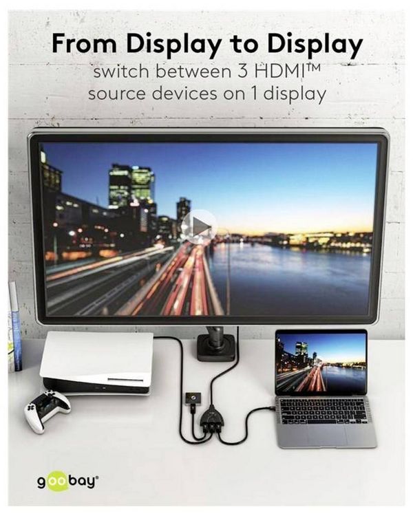 Produktbild: Goobay 58488 3 Port HDMI-Switch mit Status-LEDs, Ultra HD-f&auml;hig 3840 x 2160 Pixel