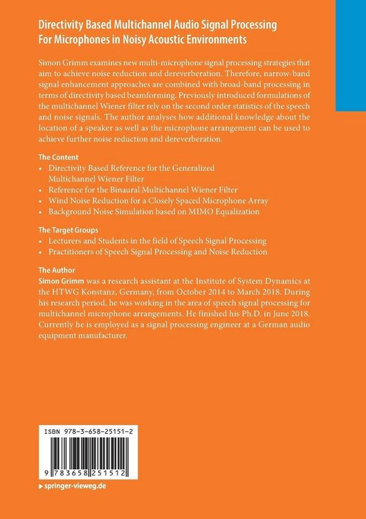 Produktbild: Directivity Based Multichannel Audio Signal Processing For Microphones in Noisy Acoustic Environments