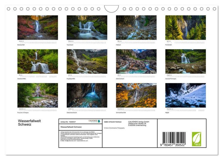 Produktbild: Wasserfallwelt Schweiz (Wandkalender 2026 DIN A4 quer), CALVENDO Monatskalender