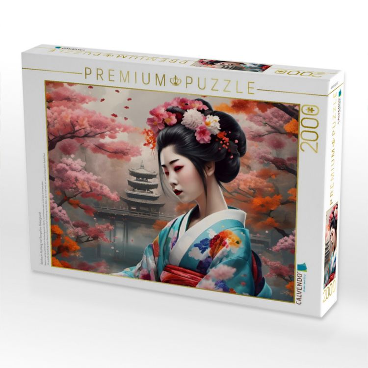 Produktbild: CALVENDO Puzzle Geisha im Fr&uuml;hling mit Tempel im Hintergrund | 2000 Teile Lege-Gr&ouml;&szlig;e 90x67cm Foto-Puzzle f&uuml;r gl&uuml;ckliche Stunden
