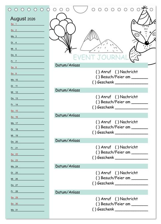 Produktbild: Geburtstagsplaner Doodle Tiere - F&uuml;r Termine, Geschenke, Eventdetails & mehr (Wandkalender 2026 DIN A4 hoch), CALVENDO Monatskalender