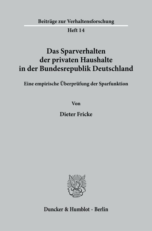 Bild vom Artikel Das Sparverhalten der privaten Haushalte in der Bundesrepublik Deutschland. vom Autor Dieter Fricke