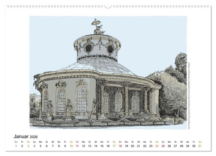 Produktbild: Potsdamer Sehensw&uuml;rdigkeiten in Ink und Farbe (hochwertiger Premium Wandkalender 2026 DIN A2 quer), Kunstdruck in Hochglanz