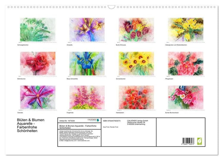 Produktbild: Bl&uuml;ten & Blumen Aquarelle - Farbenfrohe Sch&ouml;nheiten (Wandkalender 2026 DIN A2 quer), CALVENDO Monatskalender