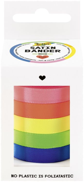 Produktbild: FOLIA Bastelartikel Satinb&auml;nder Neon, 5 Farben &agrave; 10mm x 4 Meter sortiert